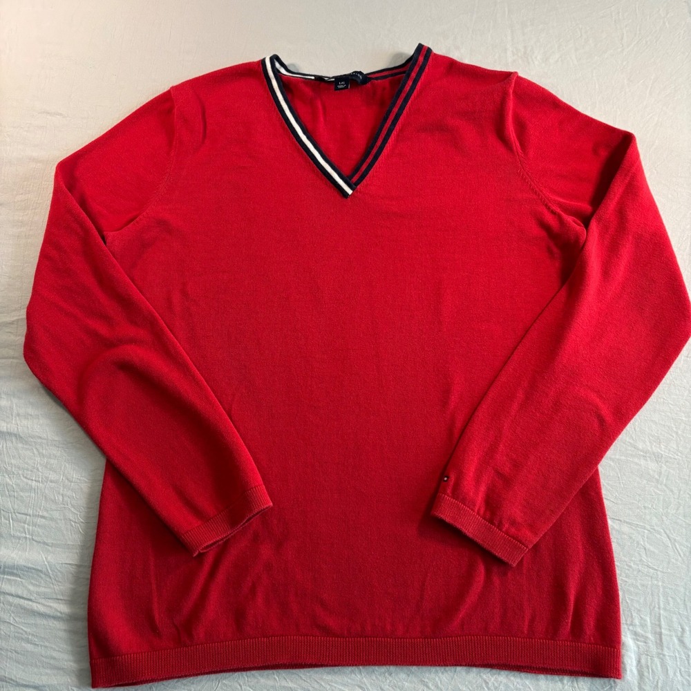 Tommy Hilfiger Womens Red V-Neck Preppy Sweater Striped Trim Knit Top Large